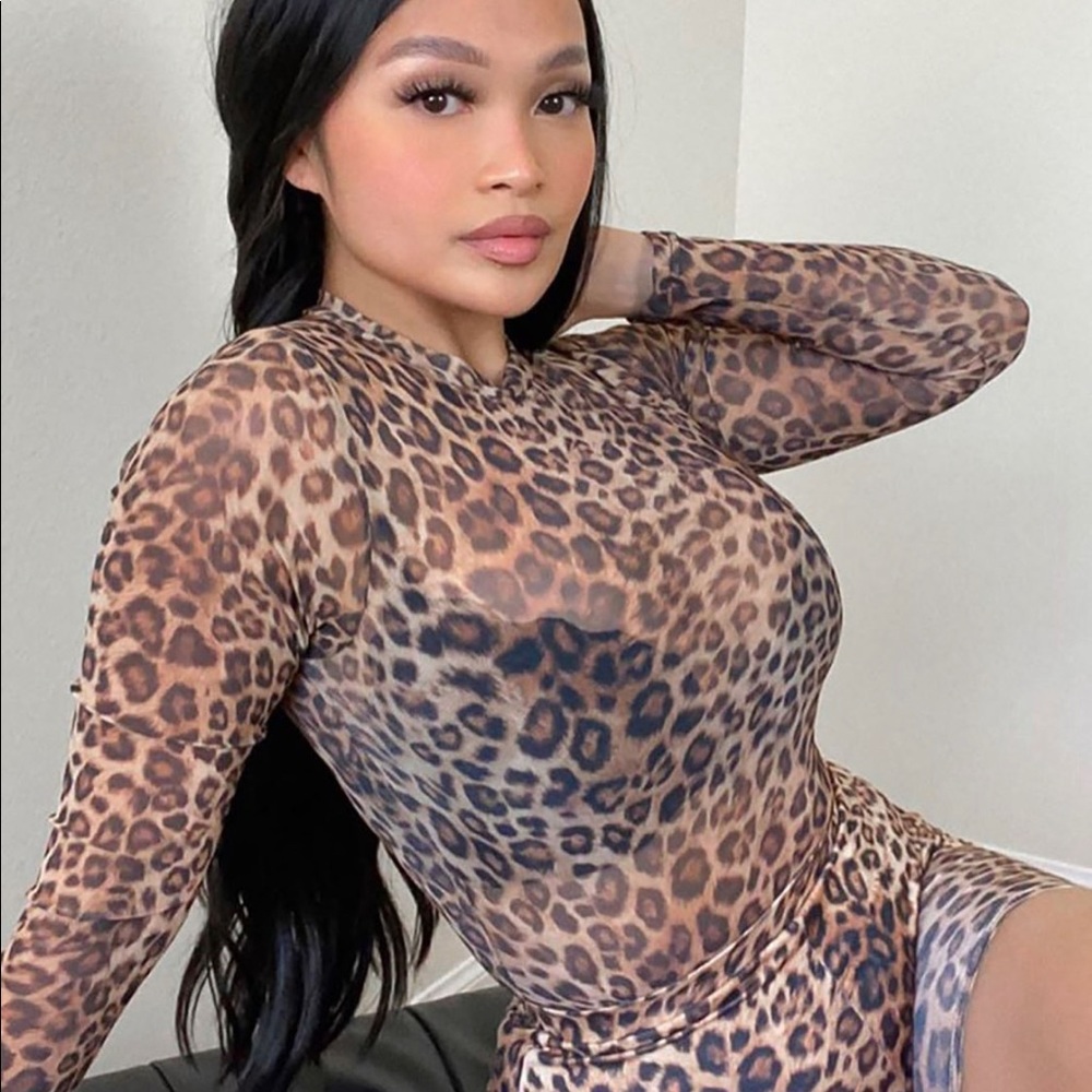 Fashion Nova Leopard Print Mesh Bodysuit Size S